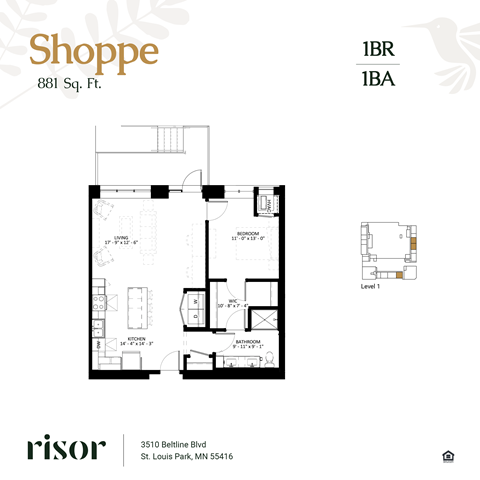Floor plan for 1 bed, 1 bath, 881 sqft